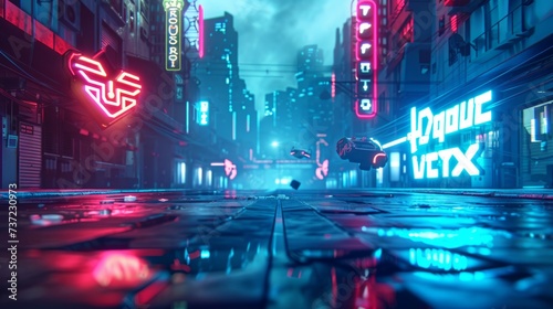3d illustration rendering of futuristic cyberpunk city, gaming wallpaper scifi background, a esports gamer vs banner sign of neon glow, versus player challenge photo