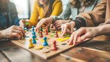 close-up of playing board game and having fun with friends and family in room indoors, board game concept, group of kids children play board games at the table, roll the dice