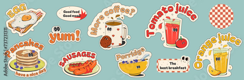 set of funny food stickers: pancakes, fried sausages with ketchup, oatmeal porridge with blueberries, coffee with cookies, fried eggs with bacon, tomato and orange juice. Cartoon retro style.Vector.