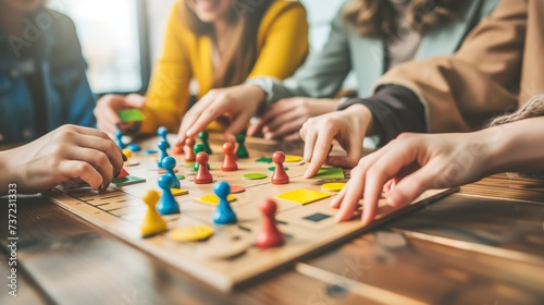 close-up of playing board game and having fun with friends and family in room indoors, board game concept, group of kids children play board games at the table, roll the dice photo