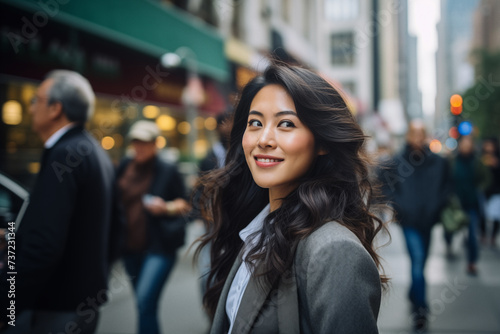Asian business woman. Happy young woman in the city