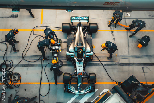 Formula 1 racing car undergoing maintenance at pit stop photo