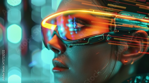Ai cyborg wearing futuristic eyeglasses standing by light trail