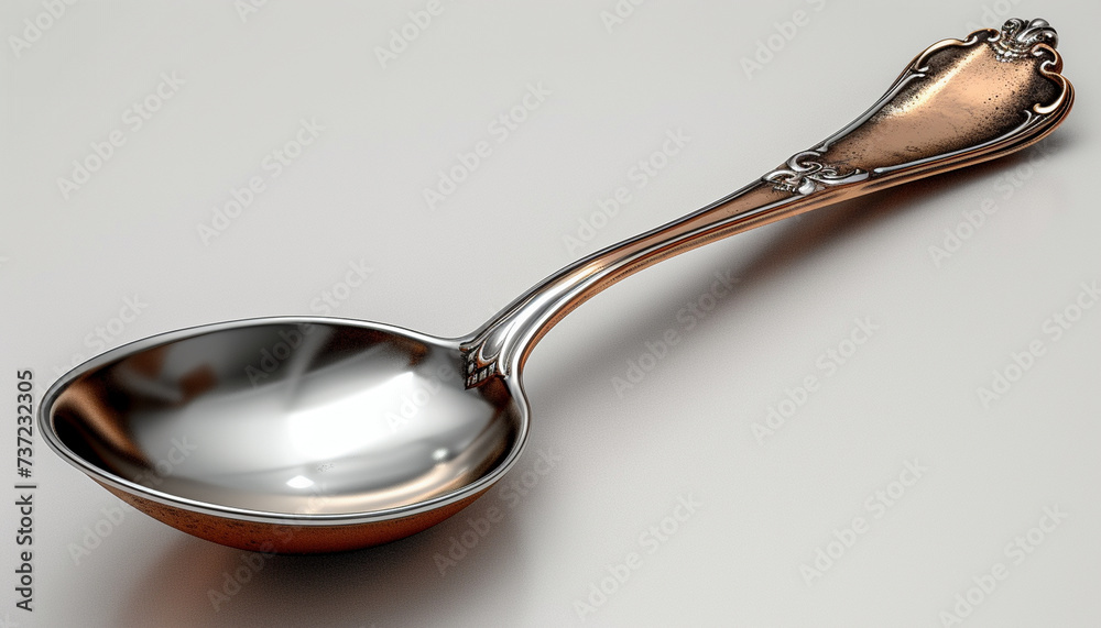 An ornate, polished silver spoon with intricate details on a light background.