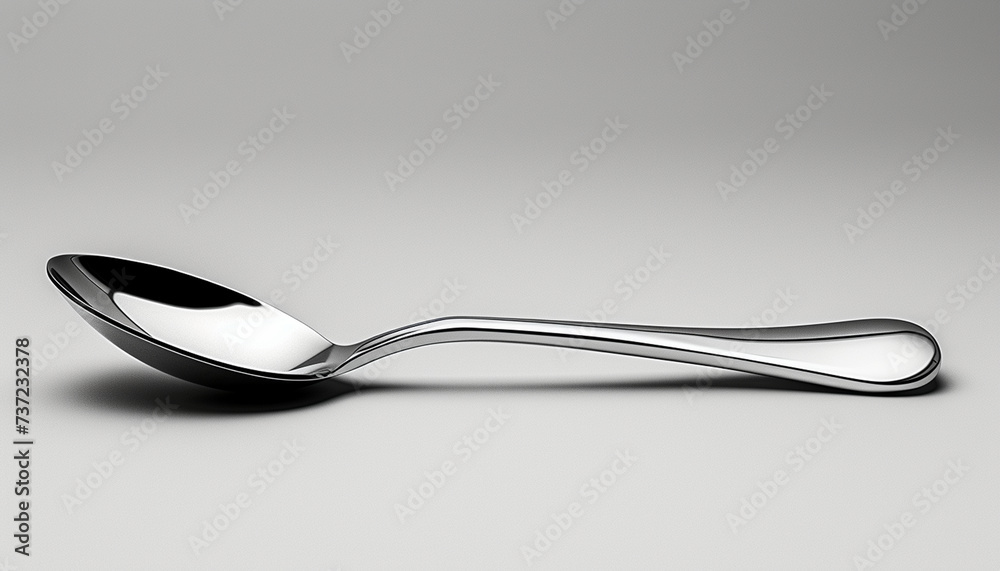 An elegant, silver spoon with a flowing design on a soft grey backdrop.