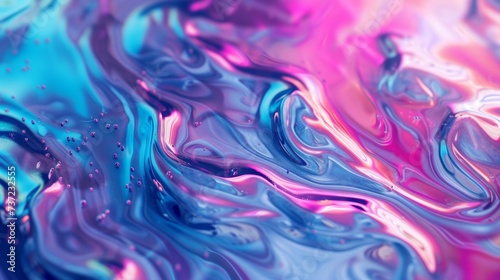 A dynamic interplay of blue and pink fluid patterns with an iridescent finish and swirling textures suggesting movement and artistic creativity
