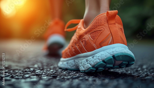 Orange running shoes on a woman's feet against an asphalt road, capturing the motion during sunset.