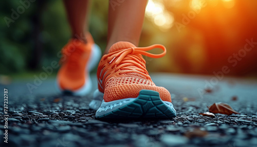 Close-up of a runner's feet in orange running shoes on a gravel path with the warm glow of sunset.