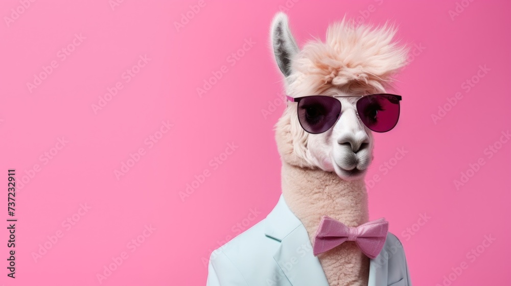 Creative animal concept. Alpaca in glam fashionable couture high end outfits isolated on bright background advertisement, copy space