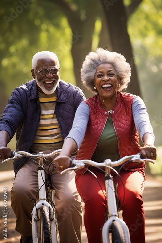 Elderly people enjoying a scenic bicycle ride. Concept of African American couple of mature people with active lifestyle doing sports outdoors.