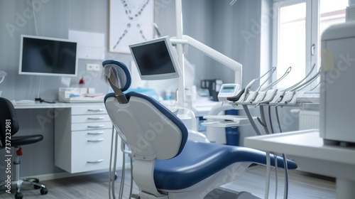 dental chair in the office  white and blue colors 