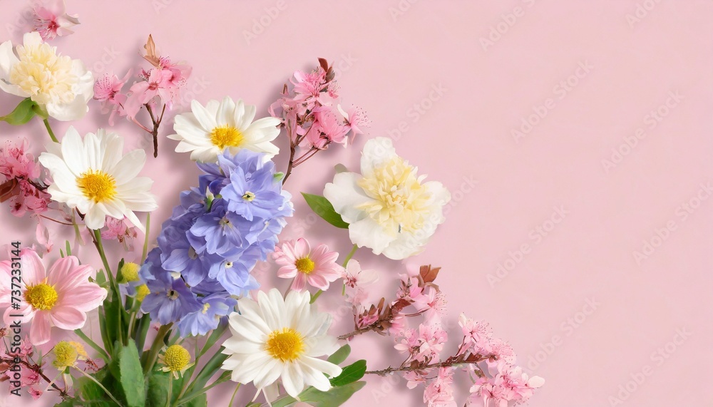 Beautiful spring flowers on light pink background. Top view