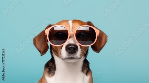 Creative animal concept. Beagle dog puppy in sunglass shade glasses isolated on solid pastel background, commercial, editorial advertisement, surreal surrealism