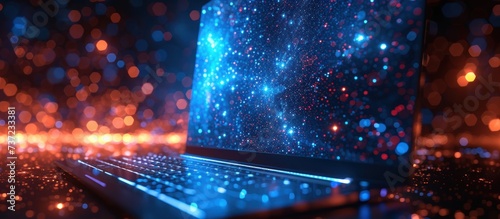 Computers themes in low-poly wireframe starry sky and cosmos style