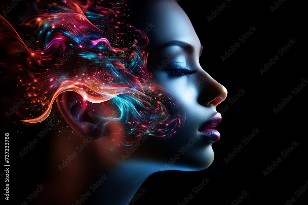 AI generated picture of beautiful female face with a bright neon colors filter isolated in dark background