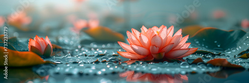 Lotus flowers on water  showcasing one prominent bloom amidst a mystical blue tone with delicate water droplets