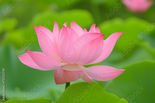Pink lotus flower in full bloom  set against a lush green backdrop of lotus leaves  radiates a feeling of serenity and growth