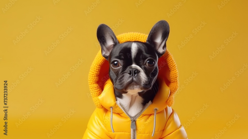 Creative animal concept. Boston Terrier dog puppy in glam fashionable couture high end outfits isolated on bright background advertisement, copy space
