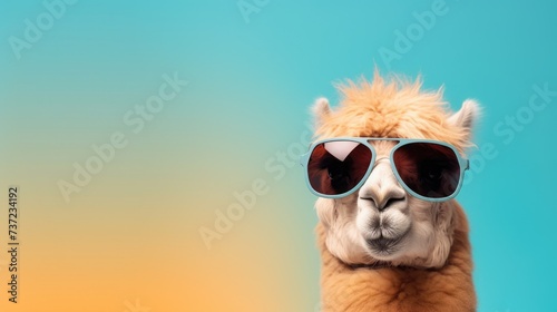 Creative animal concept. Camel in sunglass shade glasses isolated on solid pastel background, commercial, editorial advertisement, surreal surrealism © Zainab
