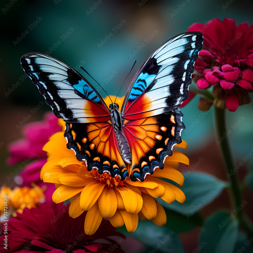 A butterfly resting on a colorful flower.
