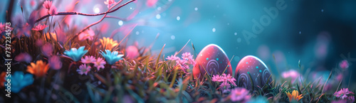 Easter Morning: Colorful Eggs Nestled Among Blooming Flowers in a Sunlit Meadow