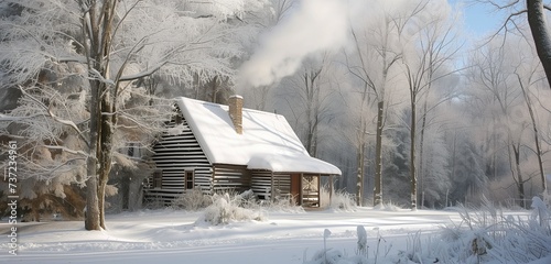 Nestled within a serene winter forest, a cozy cabin stands beneath a blanket of freshly fallen snow, its smoke-filled chimney echoing the warmth and tranquility of a secluded winter retreat  © Muhammad