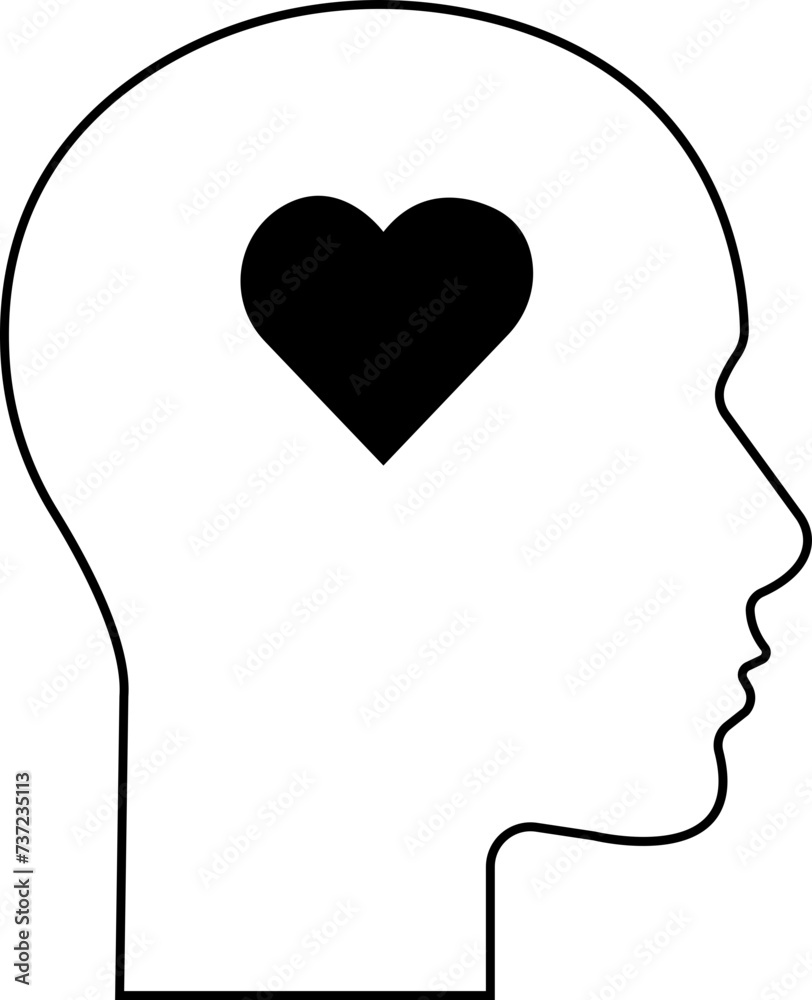 Positive thinking with heart concept. Vector minimal continuous line and flat logo design icon isolated transparent background. Human head, face profile element of brain process for ui, web or app
