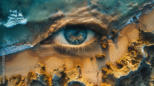 A conceptual image of a beach viewed from above forming a face based on the topology of the area