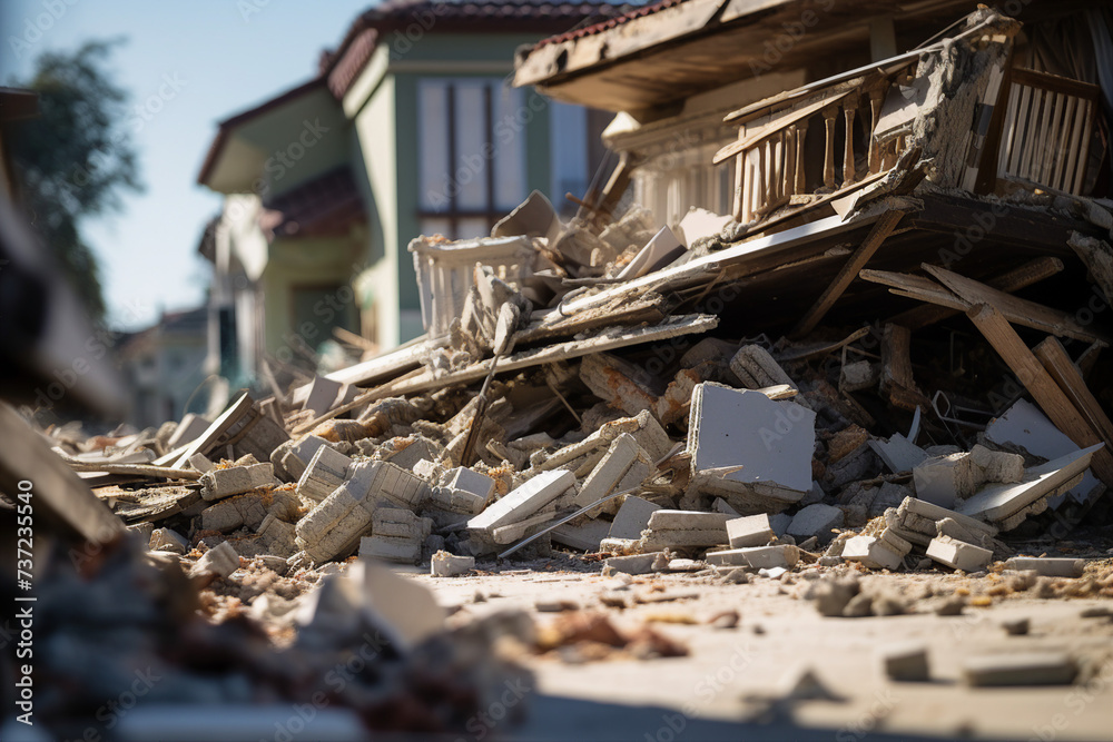 Obraz premium AI generated picture of scary ruined damaged city buildings after an explosion with no people there