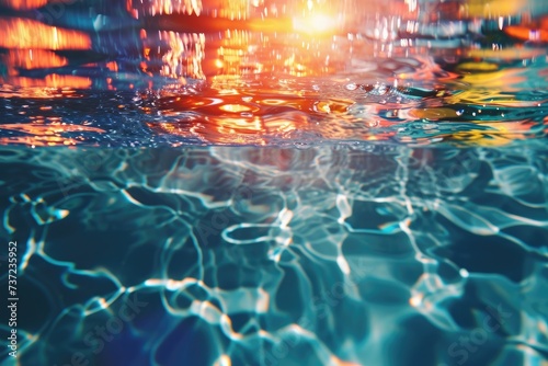 The sun illuminates the water of a pool, casting radiant beams of light through the liquid, Abstract underwater themed background with light reflections and ripples, AI Generated