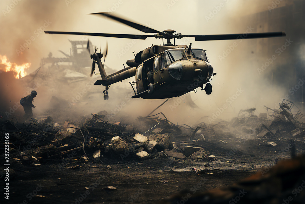 Generative AI image of helicopter landing and special forces soldiers fighting in a battle field Generative AI image of helicopter landing and special forces soldiers fighting in a battle field