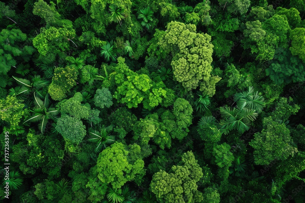 This photo showcases a lively and densely populated green forest, with a multitude of trees creating a vibrant and lush landscape, Aerial view over a lush green rainforest, AI Generated
