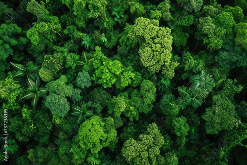 This photo showcases a lively and densely populated green forest  with a multitude of trees creating a vibrant and lush landscape  Aerial view over a lush green rainforest  AI Generated