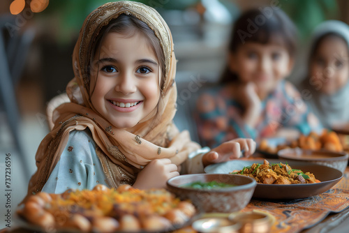 Beautiful young girl is waiting to break the fast in the month of Ramadan