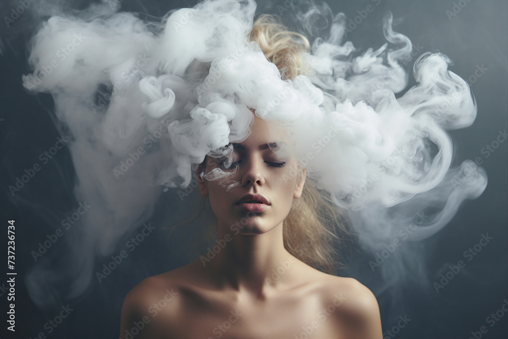 A young woman with her head in a misty cloud suffering from depression and loneliness generative AI