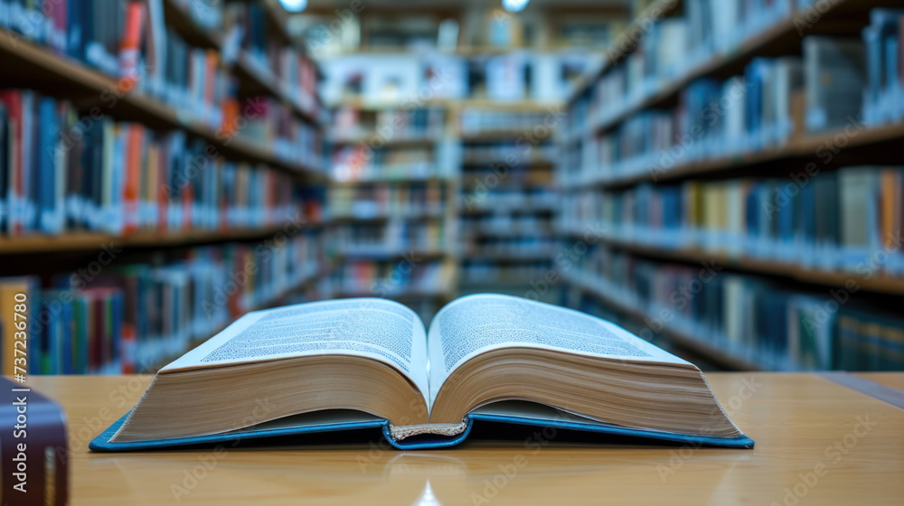 Education learning concept, open book or textbook in the serene setting of a well-stocked library, reading, study and research, world of knowledge at school or university Education learning concept, open book or textbook in the serene setting of a well-stocked library, reading, study and research, world of knowledge at school or university