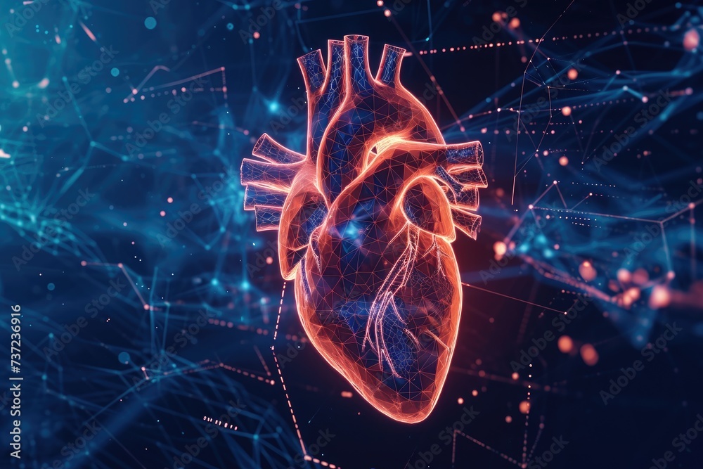 A heart shape depicted through interconnected lines and dots, creating a visually intriguing pattern, AI-powered early warning system for cardiac arrest, AI Generated