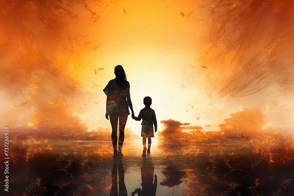 Portrait image of happy family mum and child walking together and enjoying sunset or sunrise outdoors generative AI Portrait image of happy family mum and child walking together and enjoying sunset or sunrise outdoors generative AI