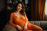 Beautiful portrait of stunning young pregnant woman enjoying healthy pregnancy indoors generative AI