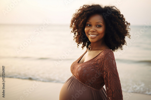 Portrait of gorgeous lovely happy pregnant girl walking seacoast sunny day outdoors generative AI