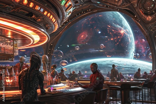 A group of individuals socializing and sitting around a bar, enjoying drinks and conversation, Aliens and humans coexisting in a diner set in a distant galaxy, AI Generated