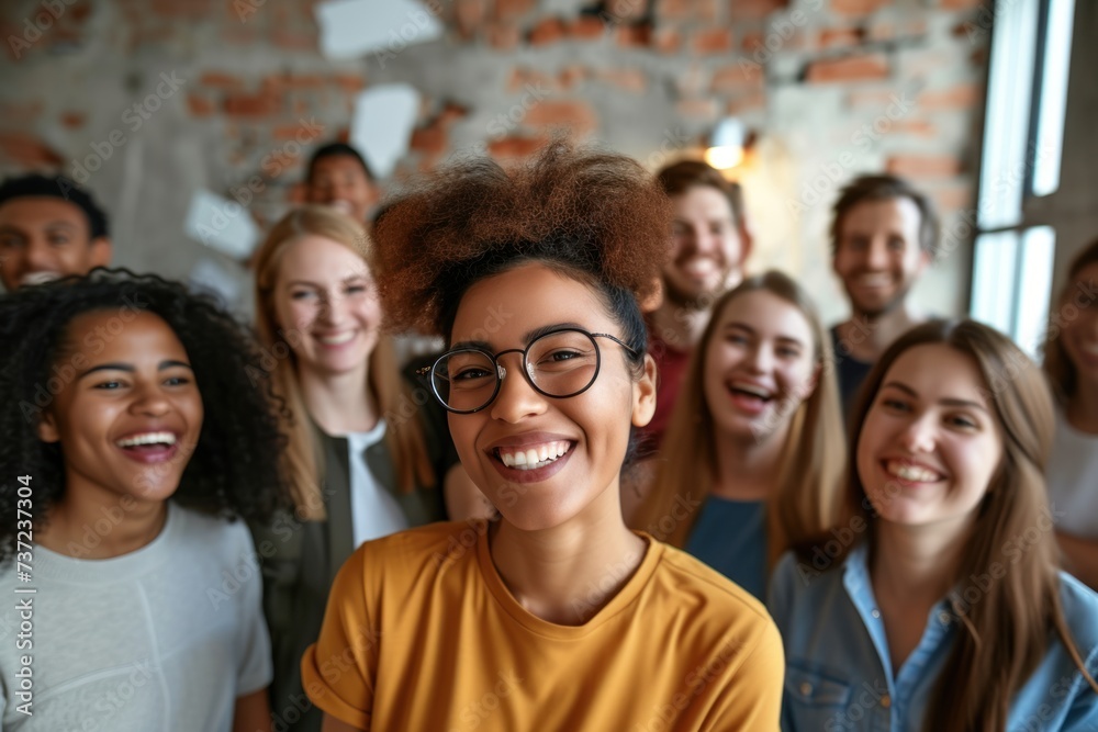 photo of a big group of smiling office workers in an office environment, one person talking, photo of a big group of smiling office workers in an office environment, one person talking,