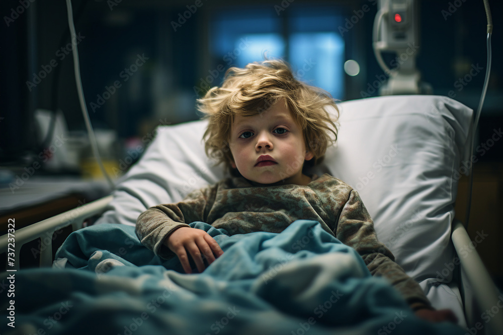 Generative AI photo of cute small boy lying in a hospital bed feeling bad and unwell Generative AI photo of cute small boy lying in a hospital bed feeling bad and unwell