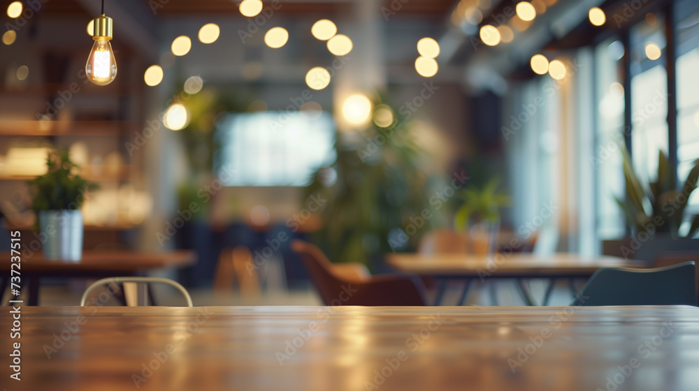 Blurred empty open space office. Modern Cozy Cafe Interior with Blurred Lights and Contemporary Design - Perfect for Background Use Blurred empty open space office. Modern Cozy Cafe Interior with Blurred Lights and Contemporary Design - Perfect for Background Use