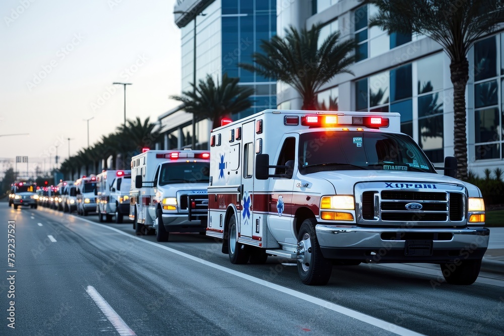 Fototapeta premium A line of ambulances parked in an orderly fashion on the side of the road, ready to respond to emergencies, Ambulances lined up outside a hospital, AI Generated