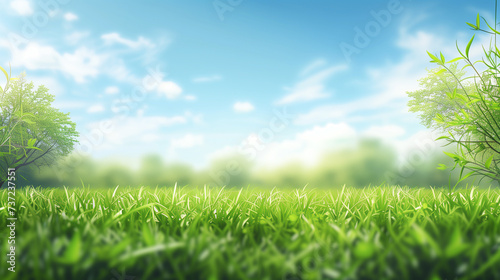 Beautiful blurred background image of spring nature with a neatly trimmed lawn surrounded by trees against a blue sky with clouds on a bright sunny day.