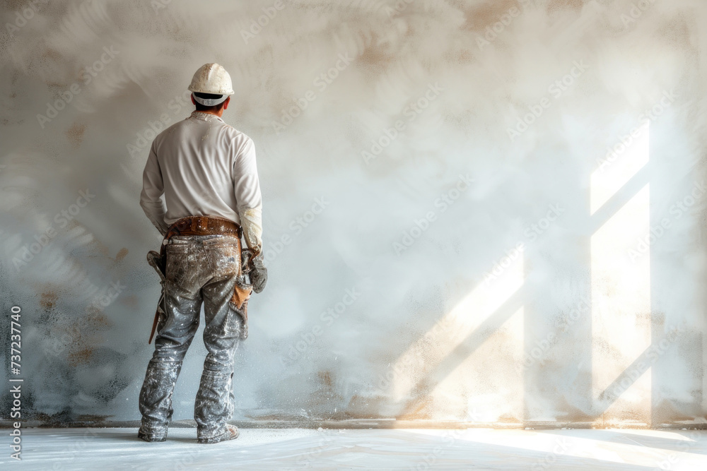 A painter polishes and sands white walls after puttingty before