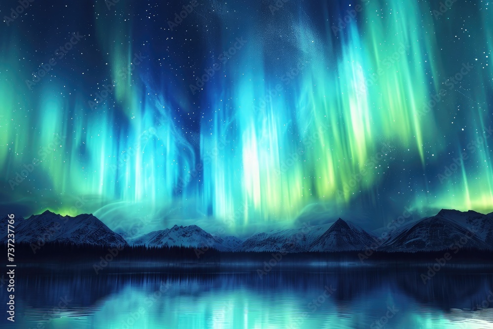 Aurora Borealis Over Lake With Mountains in Background, An abstract background inspired by the Northern Lights, AI Generated