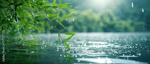 peaceful green nature landscape, view from under willow tree shade at riverside with sunlight, Generative Ai photo