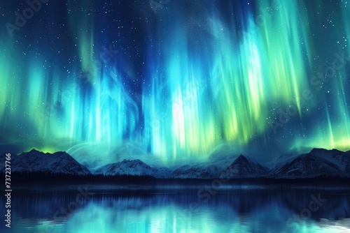 Aurora Borealis Over Lake With Mountains in Background  An abstract background inspired by the Northern Lights  AI Generated